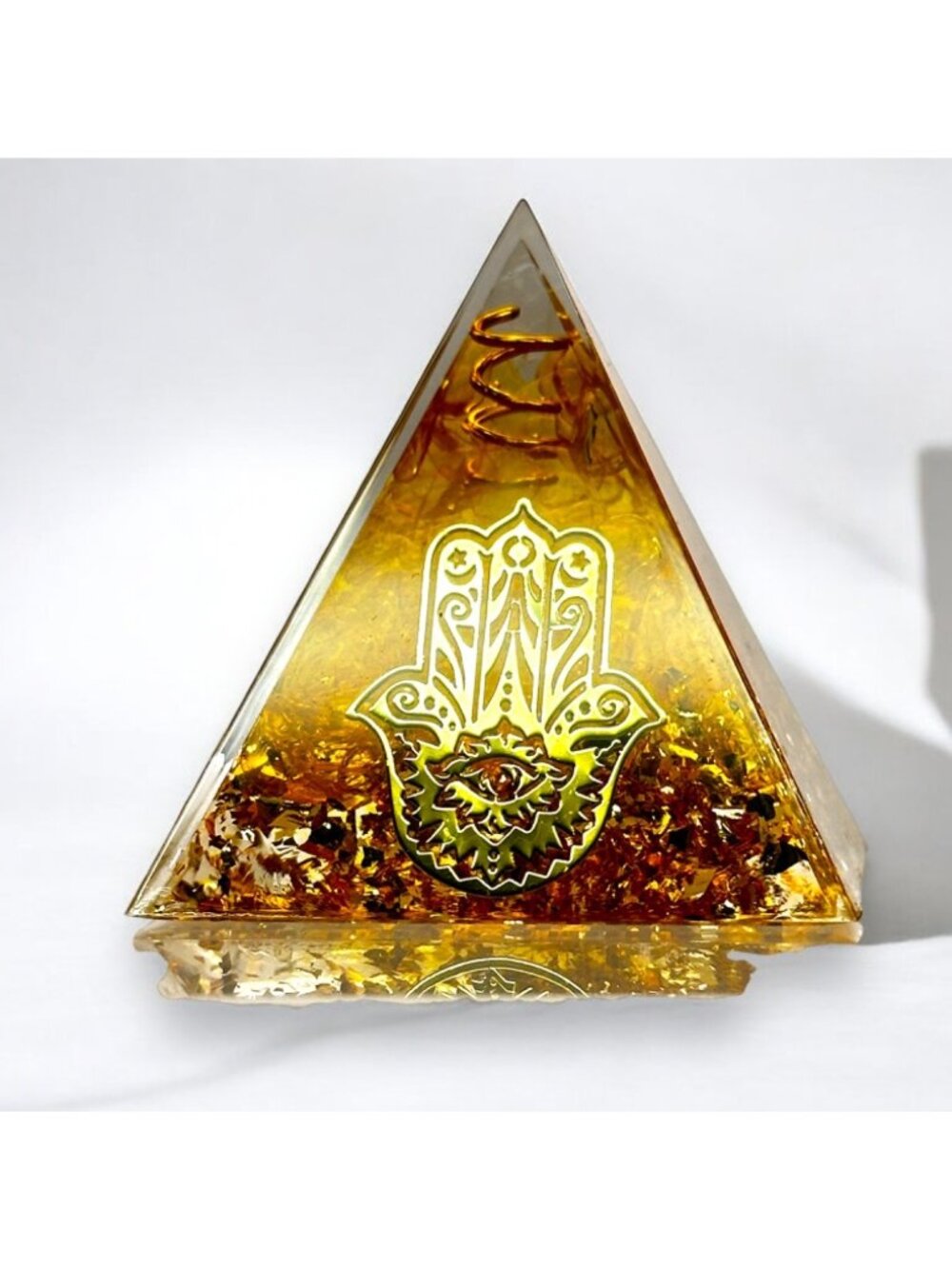 Handmade Gold Pyramid With Hamsa Hand Design & Chakra Energy Symbol